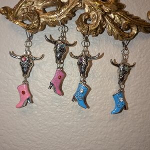 Cowgirl Spirit Bull Skull and Boot Earrings - Pink and Blue